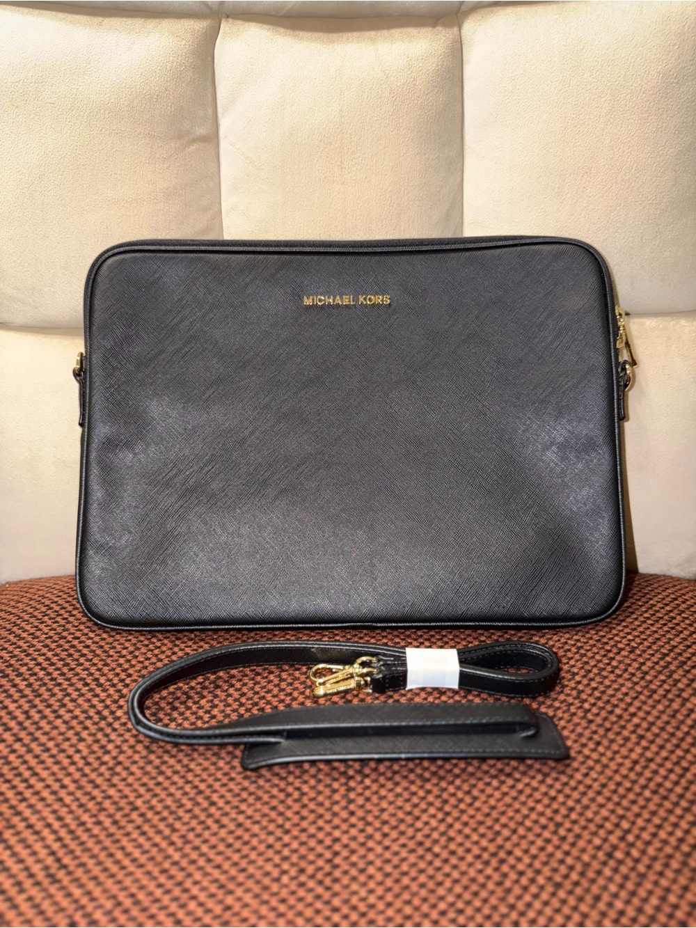 Michael Kors Black Saffiano Leather Tablet/Laptop carry case with Gold Hardware